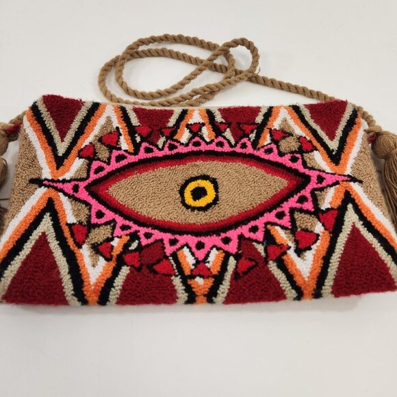 Wayuu Third Eye Clutch Bag Purse Tassels Deep Red Beige Handmade Colombia - Picture 2 of 13